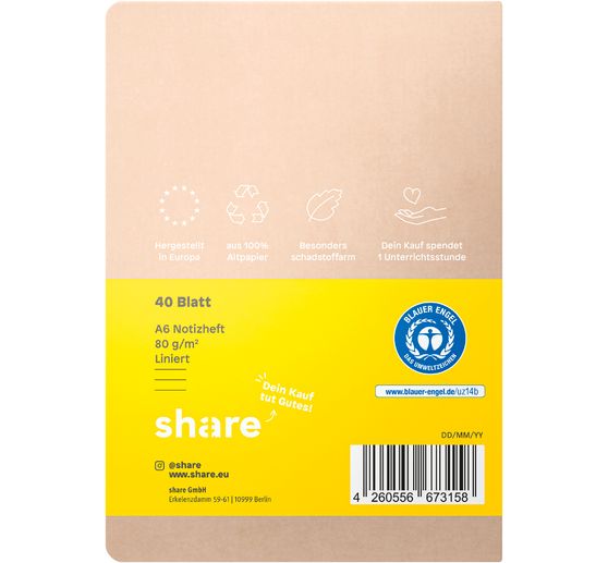 Carnet de notes share, A6, ligné, jaune, 40 feuilles